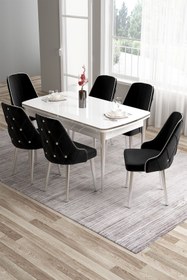Resim Canisa Tia Serisi Siyah Mermer Desen 80x132 Açılabilir Mdf Yemek Odası Takımı 6 Siyah Sandalye Gümüş Detay 
