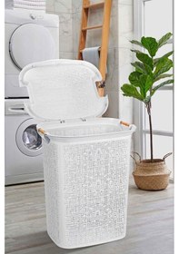Resim Woow Desen Ahşap Kulplu Antistatik Kirli Çamaşır Sepeti 60 Lt - Beyaz Beyaz 
