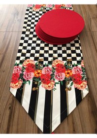 Resim Kırmızı Gül Desenli Runner & Supla Çok Renkli 