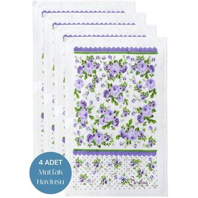 Resim 4lü Paket Baskılı Beyaz Mutfak Havlusu Modeli Lila Güller 