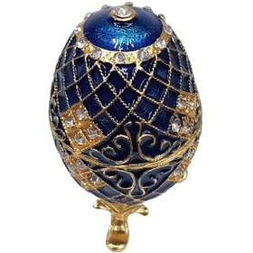 Resim Faberge Yumurta Swarovski Taşlı Lüks Mücevher Kutusu Mavi 10cm 