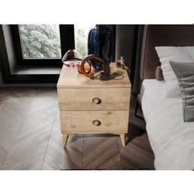 Resim Fındık 2 Çekmeceli Meşe Komodin - Tamamı 1. Kalite Mdflam 