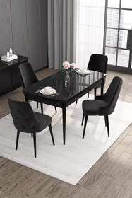 Resim Canisa Roy Serisi 80x132 Mdf Açılabilir Siyah Mermer Desen Masa Takımı Ve 4 Siyah Sandalye 