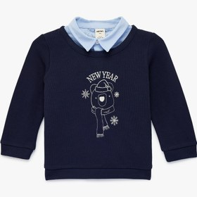 Resim Erkek Bebek Pamuklu Nakışlı Uzun Kollu Gömlek Yaka Detaylı Yılbaşı Temalı Sweatshirt 