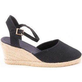 Resim Topuğu Açık Bilekten Bantlı 5 CM Dolgu Topuk Siyah Keten Hasır Espadril ES1006BESCM-1 Siyah 