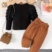 Resim 2 Parça Kız Çocukları İçin Kabarcık Uzun Kollu Üst & Fiyonklu Pantolon Takımı - Siyah Fırfırlı Manşet, Kahverengi Bel Fiyonku, Yumuşak Kumaş Günlük Kıyafet İlkbahar & Sonbahar için, Dış Mekan İçin Mükemmel 