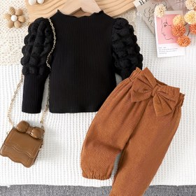 Resim 2 Parça Kız Çocukları İçin Kabarcık Uzun Kollu Üst & Fiyonklu Pantolon Takımı - Siyah Fırfırlı Manşet, Kahverengi Bel Fiyonku, Yumuşak Kumaş Günlük Kıyafet İlkbahar & Sonbahar için, Dış Mekan İçin Mükemmel 