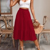Resim Şık Kadınlar için Düz Kırmızı Kabarcıklı Midi Etek, Sahte İpli - Polyester Karışımı, Fırfırlı Etek, Plaj Tatilleri ve Randevu Geceleri için İdeal 