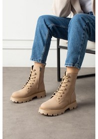 Resim Shoetek Olsima Kadın Bot Bağcıklı Fermuarlı Mat Nut Deri Nut Cilt 