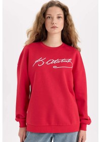 Resim DeFacto Oversize Geniş Kalıp Atatürk İmzalı Bisiklet Yaka Kalın Sweatshirt E5446AX24WNRD286 