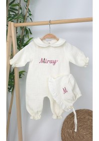 Resim Gros Shop Müslin Yeni Doğan 4katlı Organik %100pamuk Kişiye Özgü Nakışlı Hastane Çıkış Seti Papatya Model-12 Ekru-4 