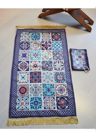 Resim Pratik Ve Taşınabilir İpek Dokulu Çantalı Seccade 40 Yama Desen- Fermuarlı Lacivert 