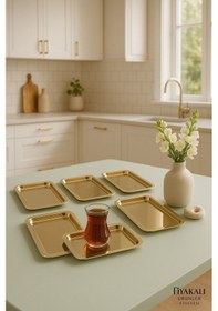 Resim 6 Adet 13x23 Cm Dikdörtgen Paslanmaz Çelik Sunum,kahve,çay,sunum Tepsisi,çeyiz,söz,tepsi Çelik 