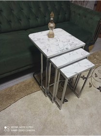 Resim GÜVENÇ C Zigon Sehpa Nikelaj Kaplama Metal Ayaklı Beyaz Mermer Desen 