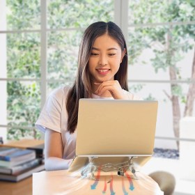 Resim Güvenli Sepet Ayarlanabilir Dizüstü Destek Tabanı Tamamen Katlanabilir Taşınabilir Laptop Yükseltici 