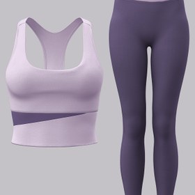 Resim 2 adet Kadın Spor Seti, Spor Sütyeni ve Tayt, Bisiklet, Fitness, Yoga, Koşu için Uygun Renk Blok Tasarımı 