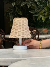 Resim Rattan & Bambu Masa Üstü Kablosuz Pilli Abajur Masa Lambası Beyaz 