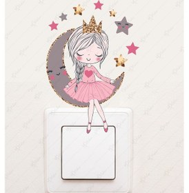 Resim MSticker Ayda Oturan Sevimli Kız Priz Sticker, Ayda Oturan Peri Kızı Sevimli Priz Sticker 