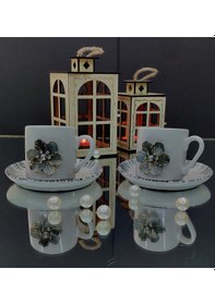 Resim Çiçek Detaylı Kahve Fincanı 2li Set Türk Kahvesi Fincan Takımı Gri 