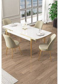 Resim Canisa Pale Serisi 80x132 Açılabilir Beyaz Mutfak Masa Takımı 4 Krem Sandalye Gold Detay Masa Beyaz Sandalye Krem Ayak Gold 