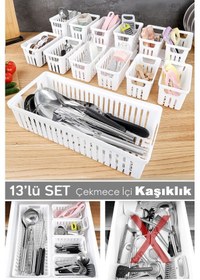 Resim 13 Parça Modüler Kaşıklık Seti - Çok Amaçlı Çekmece İçi Düzenleyici Mutfak Organizer Kepçelik Beyaz 