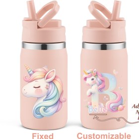 Resim 1'li Paket, 3D Baskılı Unicorn Tasarımlı Okula Dönüş Sezonu Hediyesi için Özel 12oz Çift Cidarlı Paslanmaz Çelik İzole Şişe 