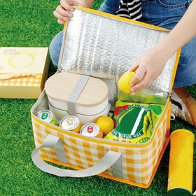 Resim 1 Adet Büyük Yalıtımlı Piknik Çantası - Ekose Sarı & Beyaz, Dayanıklı Kumaş Gri Saplı, Açık Hava, Kamp, Plaj, Aile Toplantıları ve Seyahat Gereçleri İçin Mükemmel, Piknik Aksesuarları 