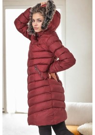 Resim Z9690 Dewberry Kürklü Kapşonlu Bayan Kaban-bordo Bordo 