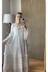 Resim Cardella Lavin Bohem Gofre Keten Dantelli ve Aksesuarlı Elbise - Tesettür Uyumlu Doğal Şıklık 