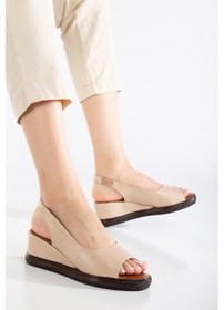 Resim Dilimler Ayakkabı Kadın Dolgu Topuk Ayakkabı Bej Ortopedik Burun Açık Yan Yüzlü-3734 Bej 