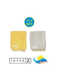 Resim 2'li Set Peştemal Plaj Havlusu , %100 Pamuk , Xxl 100x180cm, Marmaris, Bal Sarısı-gri 