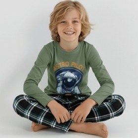 Resim Vitmo Erkek Çocuk Uzun Kollu %100 Pamuklu Pijama Takımı Astro Pilot Yeşil 