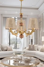 Resim ÜÇ KOLLU ESKİTME ZAMAK METAL AVİZE KAHVERENGİ RATTAN HASIR ŞAPKALI 