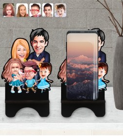 Resim Bk Gift Kişiye Özel Aile Karikatürlü Ahşap Biblo Telefon Standı-7 