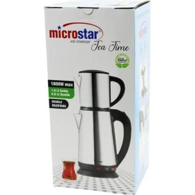 Resim Microstar Elektrikli Çelik Çay Makinesi Çaycı Set 1.8lt Su Isıtıcı+ 0.8lt Demlik 1800W 360 Derece Döenbilengövde (4915) 