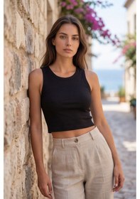 Resim Premium Pamuklu Kumaş Kadın Siyah Crop Atlet - U Yakalı Spor ... Bordo 