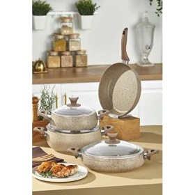 Resim Taç 3821 Mastercook Tombik Granit Güveç Tencere Seti 7 Parça Cappuccino 20 cm Derin Tencere 
