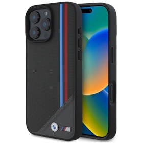 Resim İphone Uyumlu 16 Kılıf Bmw Lisanslı Magsafe Özellikli M Logolu Üç Çizgili Meshed Tricolor Stripes Siyah 
