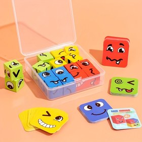 Resim Plastik Kutu İçinde Ahşap Duygu Blokları Seti - Renkli Karikatür Yüzler Eğitici Oyuncak, Şarj Edilmeyen Log Malzemesi, Pil Gerektirmez, Gelişimsel Oyuncak | Karikatür Yüz Blokları | Ahşap İnşaat, Ahşap Oyuncaklar 