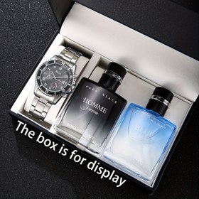Resim 3 adet Erkek Lüks Hediye Seti - Paslanmaz Çelik Saat, "HOMME PARIS" Eau de Parfum ve "BLUE" Kolonya - İş ve Resmi Durumlar İçin İdeal, Ofis Hediyesi|Paslanmaz Çelik Saat|Kuvars Hareketi 