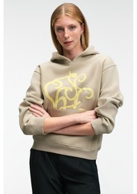 Resim Grimelange LIORAEN Kadın Baskılı Relaxed Kanguru Cepli Kapüşonlu Taş Rengi Sweatshirt 