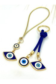 Resim Azrua Lacivert Göz Şekilli Araba Ayna Süsü, Araba Nazarlık ve Lacivert Göz Şekilli Metal Anahtarlık Seti 
