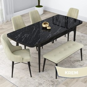 Resim Canisa Concept Kar Serisi, Mdf 80X132 Açılabilir Masa Takımı, Siyah Mermer Desen Masa, 4 Sandalye 1 Bench 