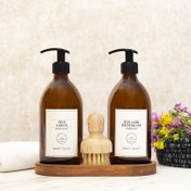 Resim Reoona Oval Standlı Beyaz Etiketli Fırçalı Sıvı Sabun Bulaşık Deterjanı Amber Şişe Seti 500ml 