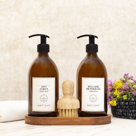 Resim Reoona Oval Standlı Beyaz Etiketli Fırçalı Sıvı Sabun Bulaşık Deterjanı Amber Şişe Seti 500ml 