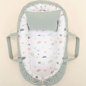Resim Babynest ve Yastık - Çift Taraflı - Yeşil Petek - Kuş 