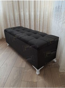 Resim Çizgi Kapitoneli Sandıklı Puf 90 Cm Beyaz Ayak Siyah 