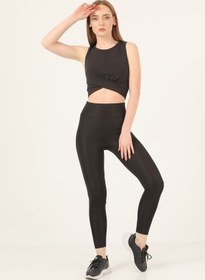 Resim LİNATEX Yüksek Bel Kalın Kemer Spor Tayt Dalgıç Kumaş Siyah 