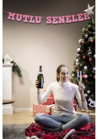 Resim Pembe Mutlu Seneler Yazılı Banner, Özel Gün, Davet Organizasyonu ,yeni Yıl, Yılbaşı Sofrası, Simli Eva Banner 