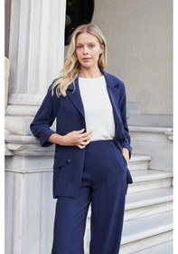 Resim Kadın İpeksi Dokulu Modal Kumaş Yakalı Cep Kapaklı Oversize Salaş Blazer Ceket-lacivert Lacivert 